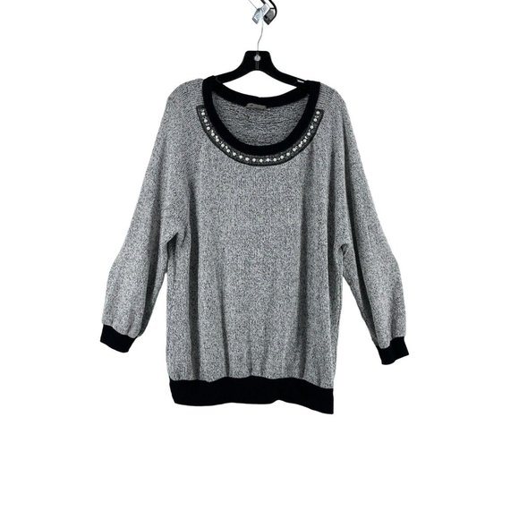 West Kei Women's Black White Knit Tunic Sweater Size XL Rhinestones Pearl Neck - Picture 2 of 10